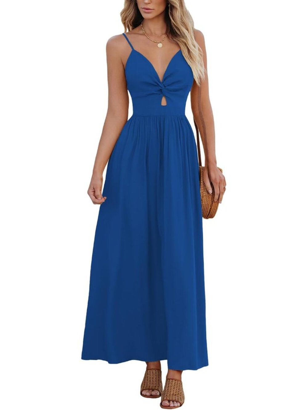 Elegant Royal Blue V-Neck Twisted Maxi Dress